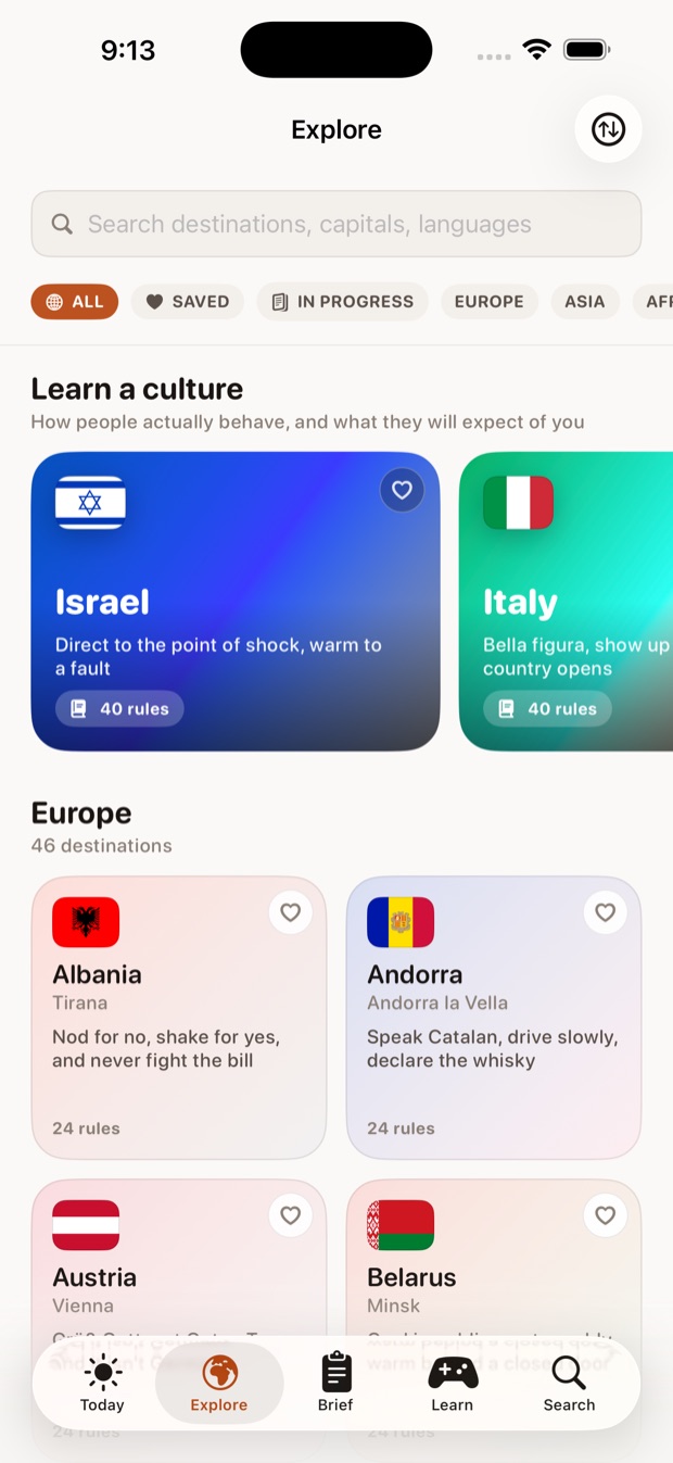 The Explore tab, browsing countries by continent