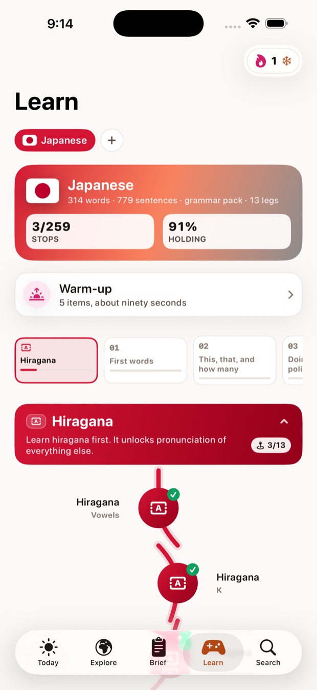 A Japanese course in progress, showing the route through hiragana