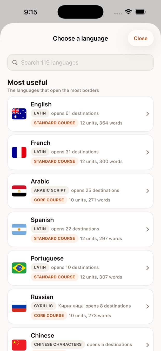 Choosing a language, ranked by how many destinations each opens